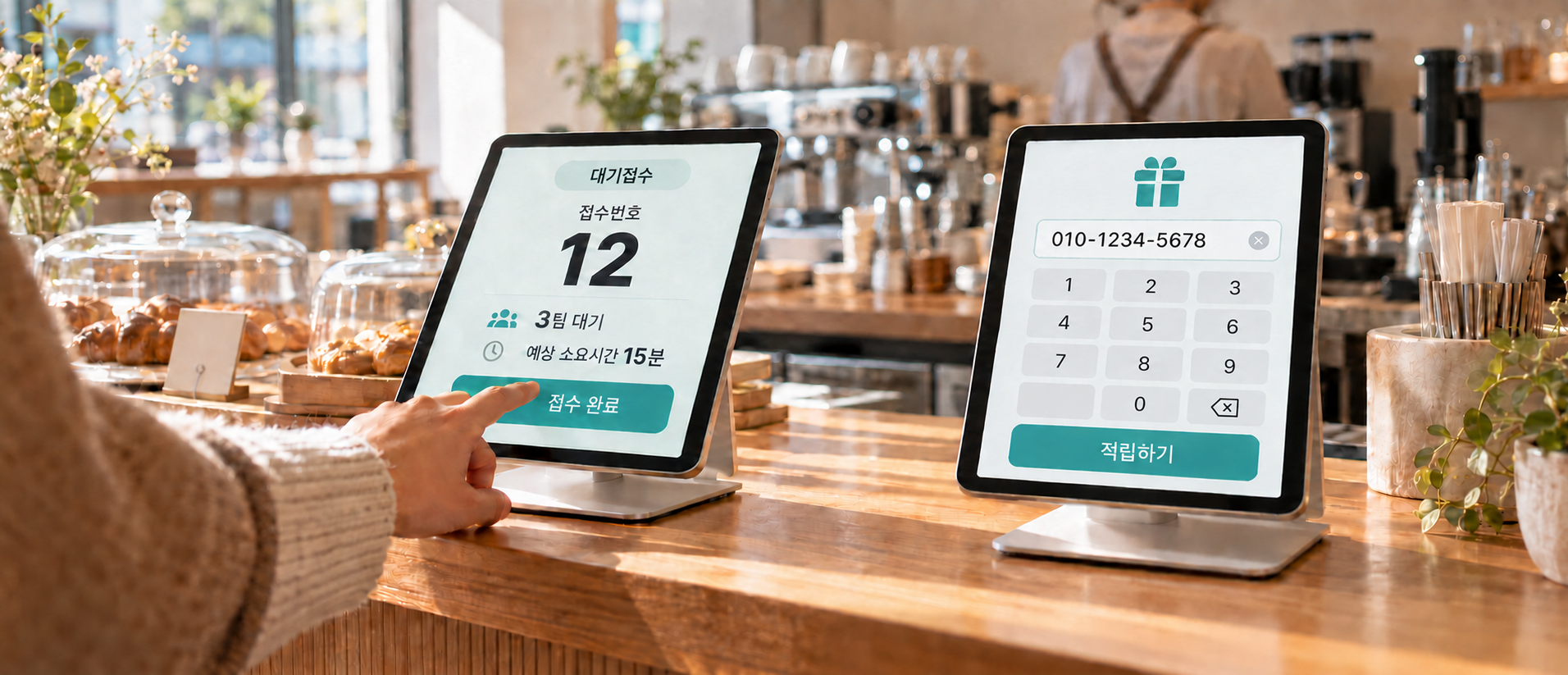카페 카운터에서 한 태블릿은 대기접수, 다른 태블릿은 고객이 휴대폰 번호를 입력해 적립하는 실사 이미지